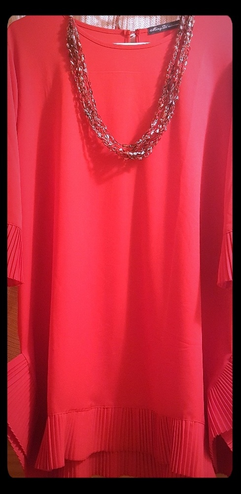 Red knee length dress.